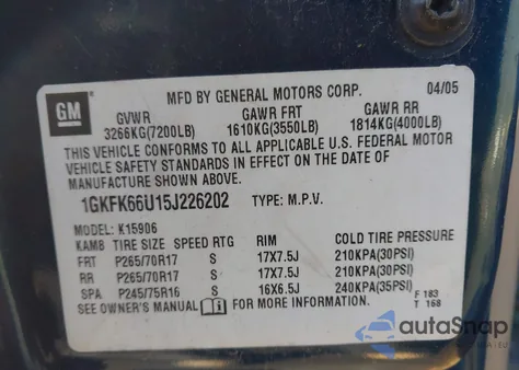 2005 GMC Yukon Xl 1500 Denali из США, поврежденный, VIN 1GKFK66U15J226202